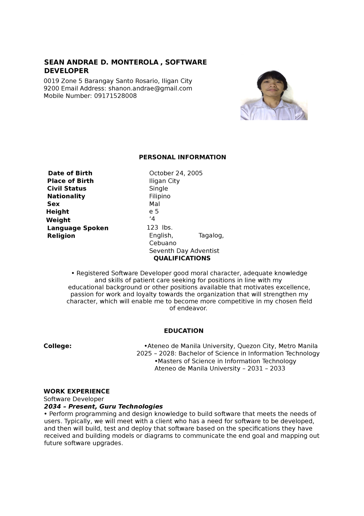 Resume-pt-monterola - A resume letter example for the nursing - SEAN ...