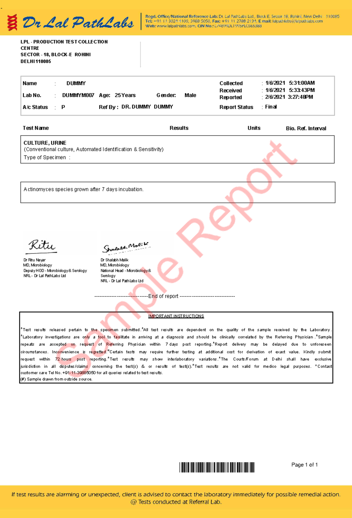 Urine culture - report - LPL - PRODUCTION TEST COLLECTION CENTRE SECTOR ...