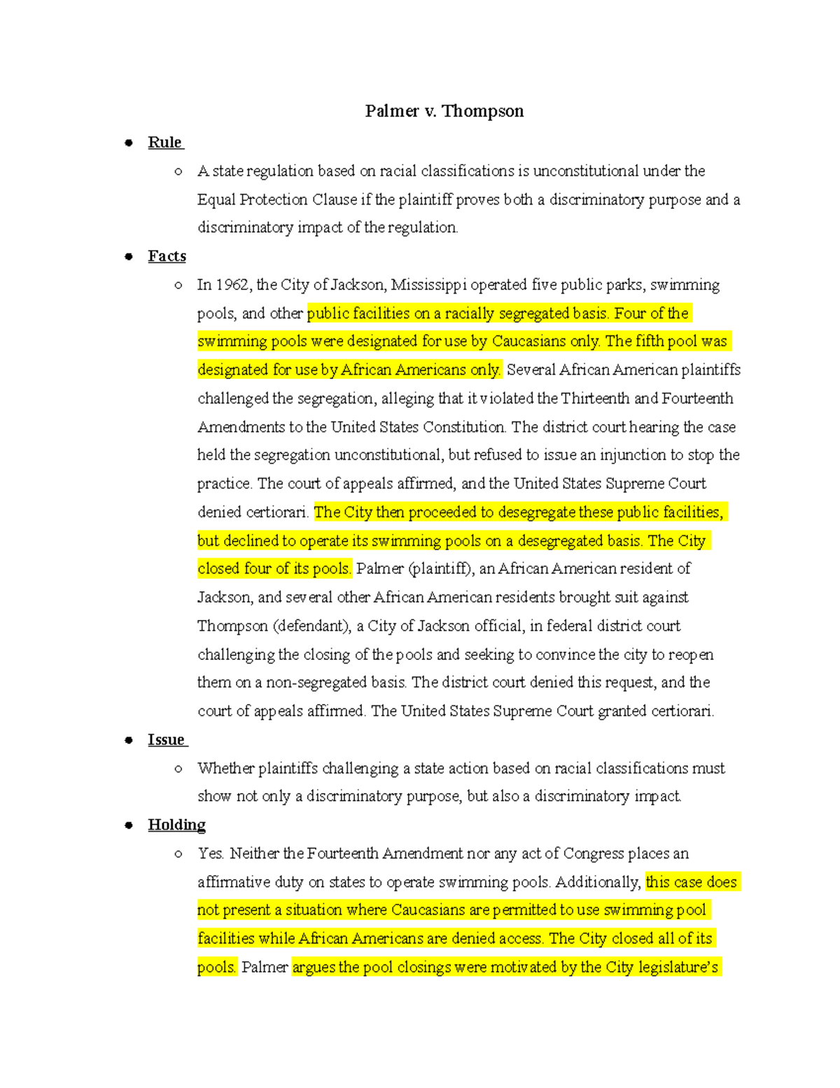 Con Law II- Palmer v. Thompson - Palmer v. Thompson Rule A state ...
