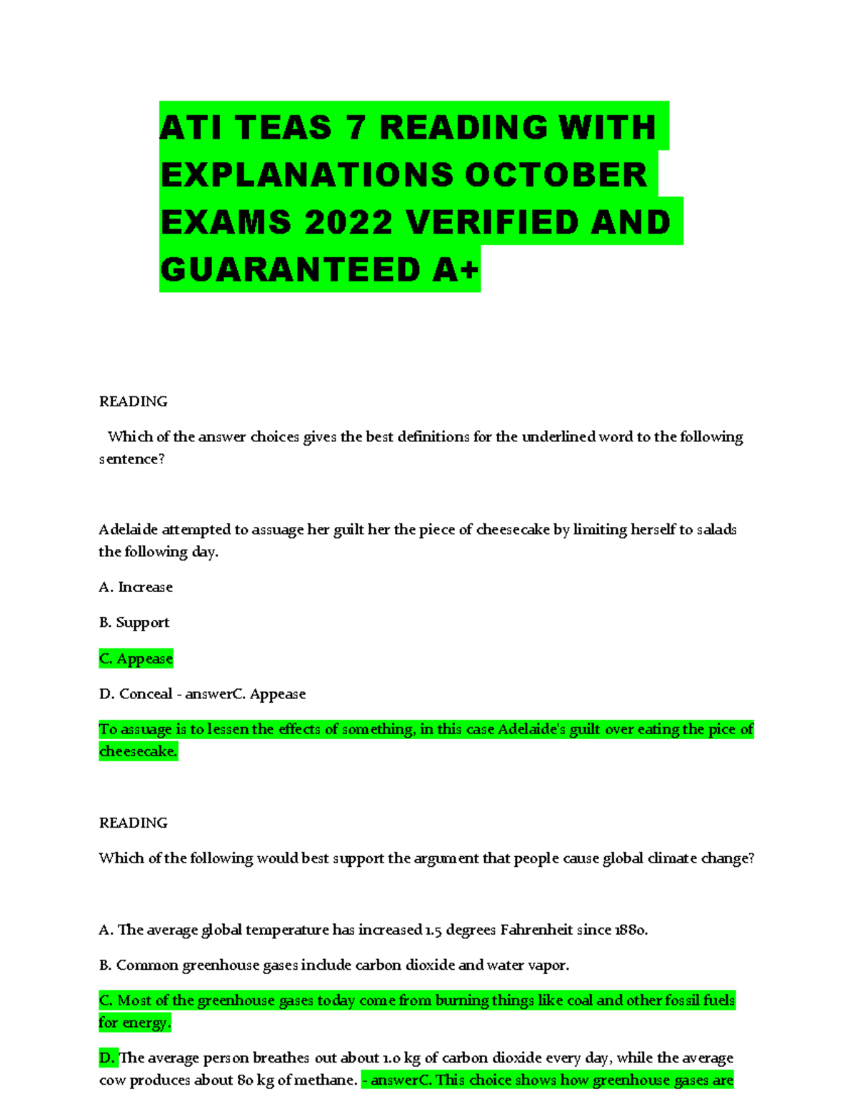 Ati teas 7 reading with explanations october exams 2022 verified and
