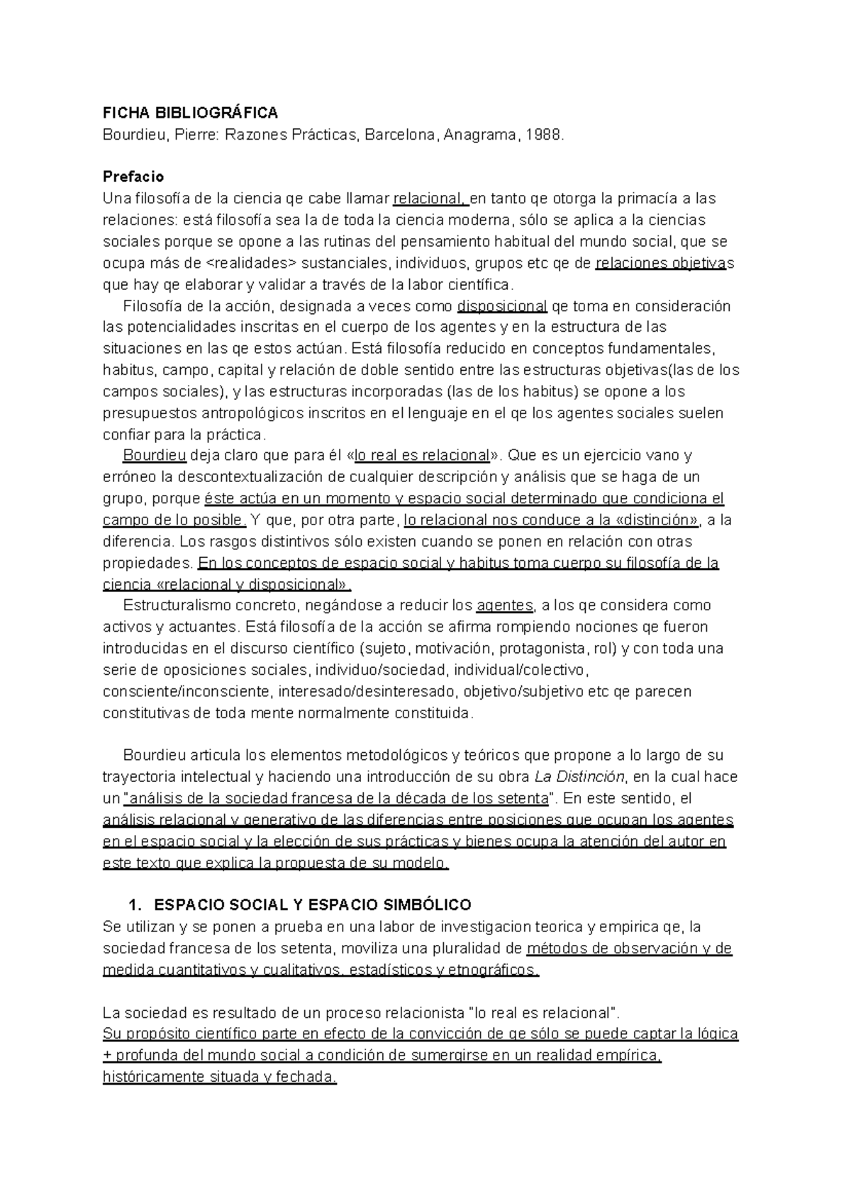 Bourdieu Razones Practicas Parcial 2 FICHA BIBLIOGR FICA Bourdieu 