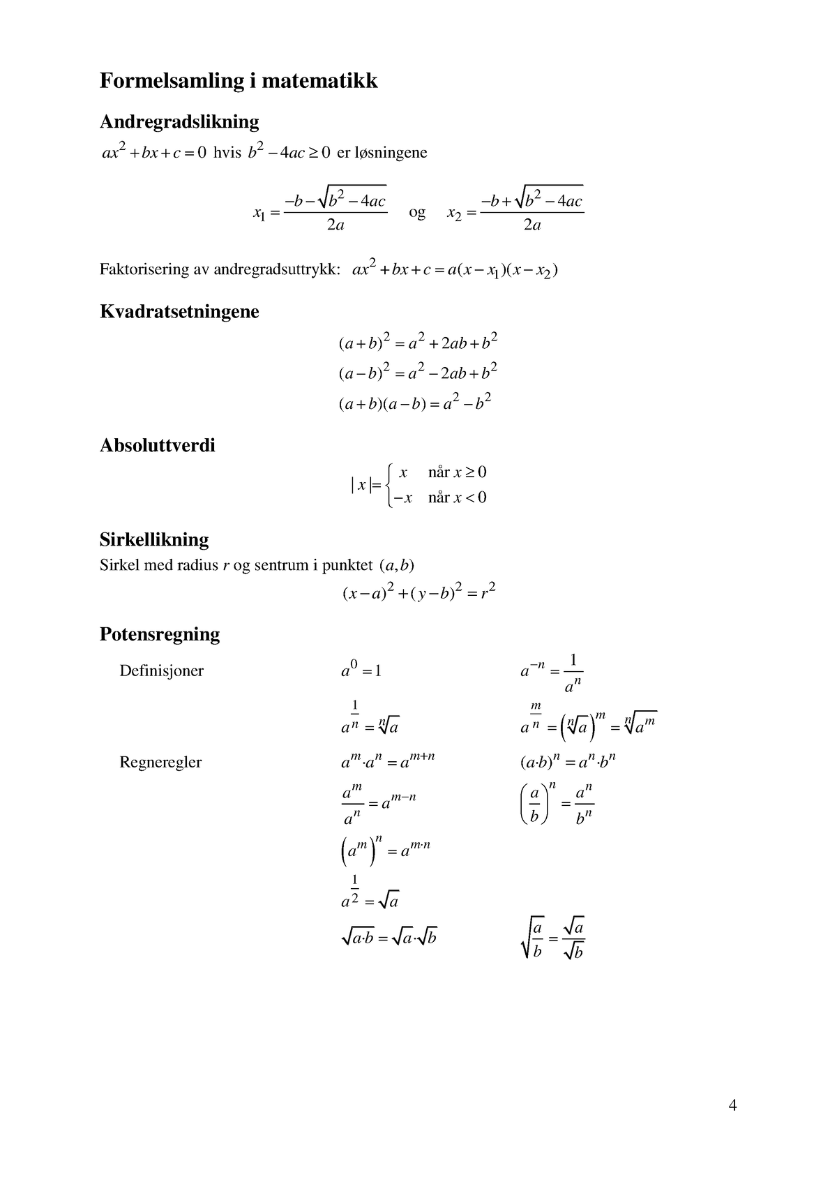 Formelsamling - Matematikk For økonomer - Formelsamling I Matematikk ...