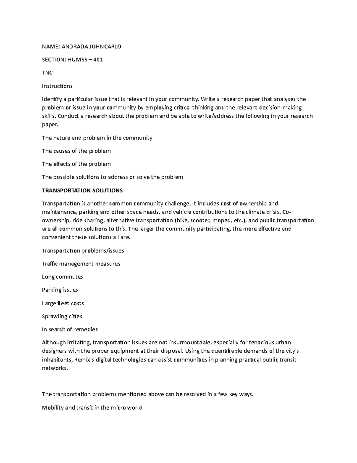 Tnc - essay - NAME: ANDRADA JOHNCARLO SECTION: HUMSS – 401 TNC ...