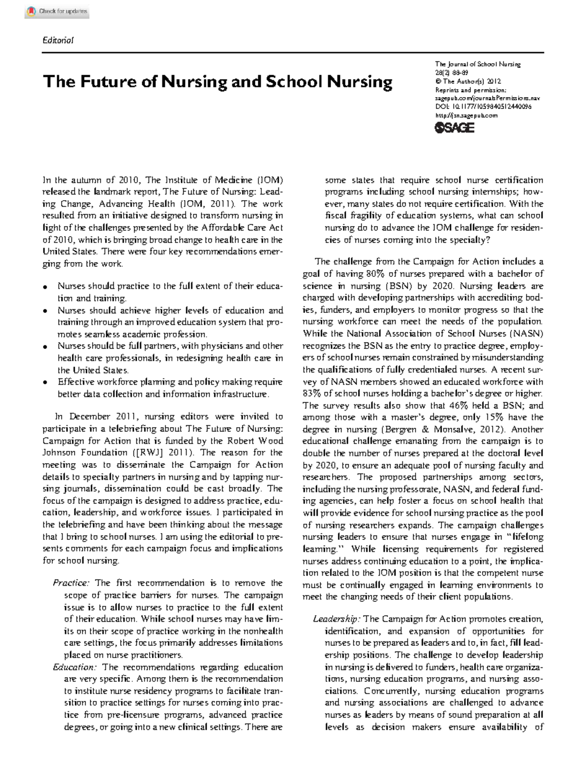 The Future of Nursing and School Nursing - Editorial The Future of ...