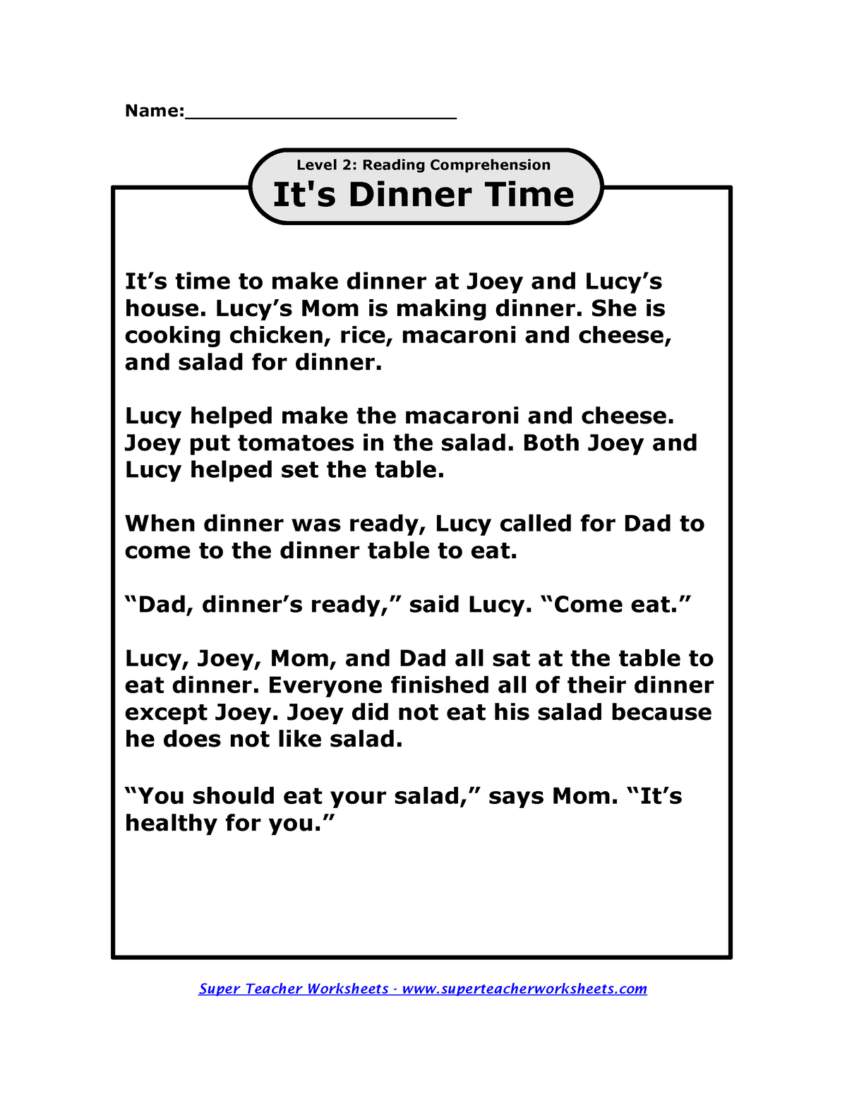 2nd-dinner - As an assessment tool, worksheets can be used by teachers ...