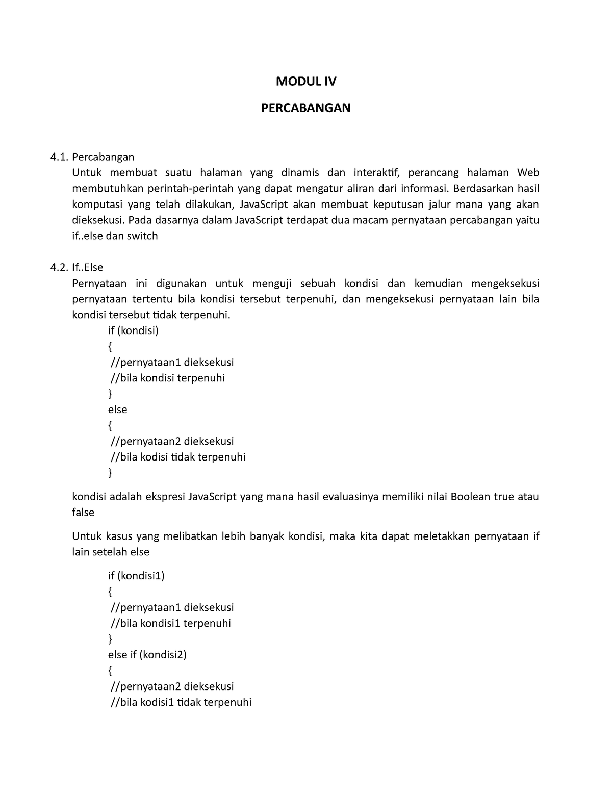 Bab 4 Percabangan - MODUL IV PERCABANGAN Percabangan Untuk Membuat ...