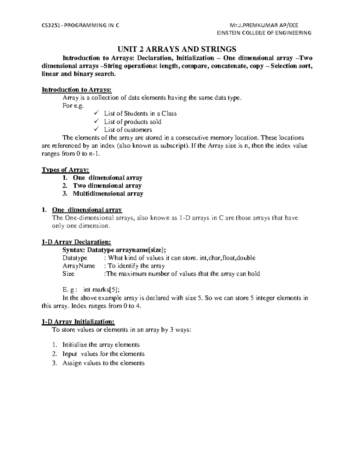 CS3251 UNIT2 Arrays AND Strings - EINSTEIN COLLEGE OF ENGINEERING UNIT ...
