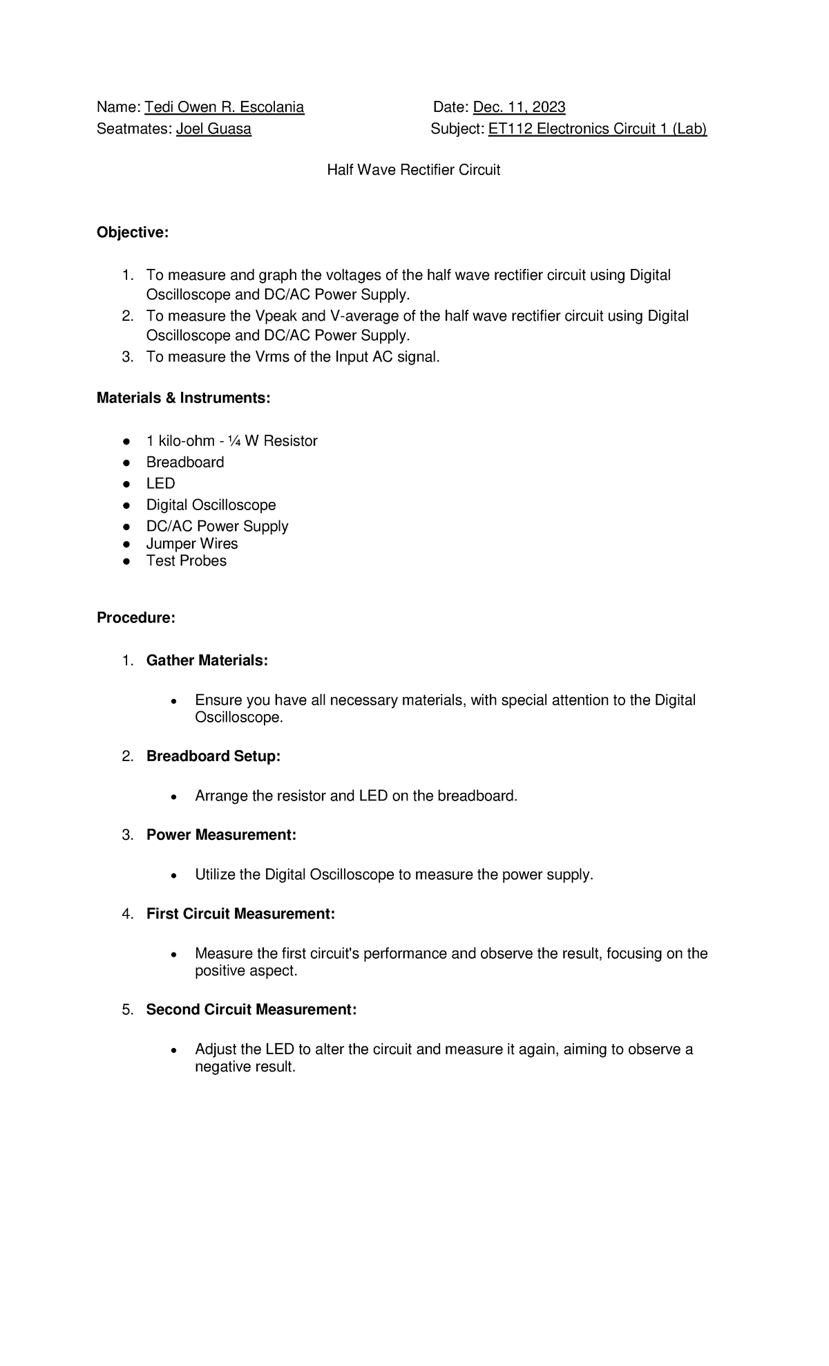 Tedi Lab Report #2 Half Wave Rectifier Circuit Final - Name: Tedi Owen ...