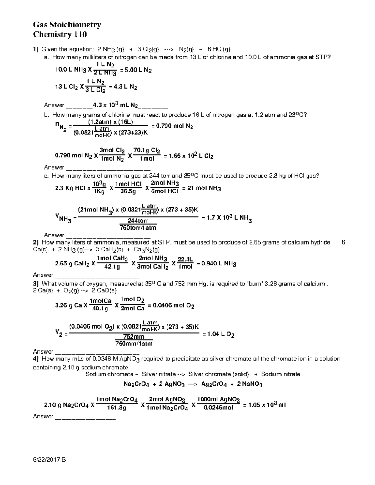 110 WS Gas Stoichiometry Key - 6/22/2017 B Gas Stoichiometry Chemistry ...