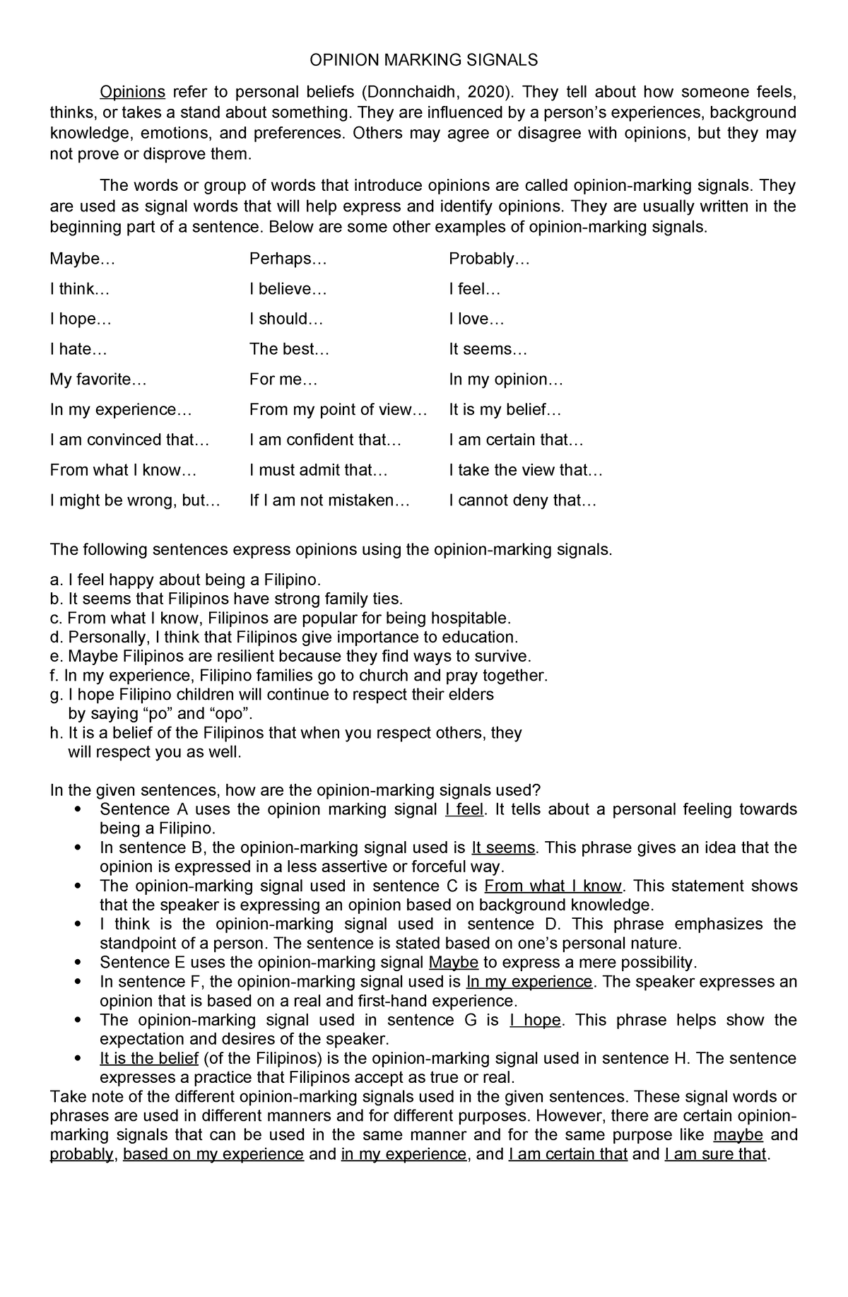 Grade 8 M2 - Module Lessons - OPINION MARKING SIGNALS Opinions refer to ...