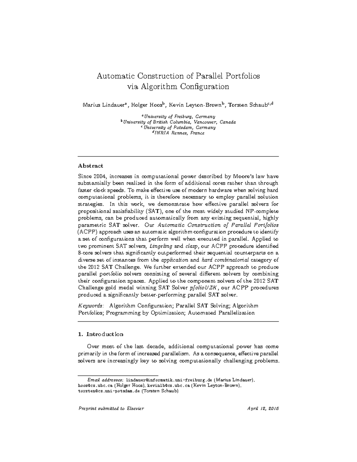 Automatic Construction of Parallel Portfoliosvia Algorithm ...