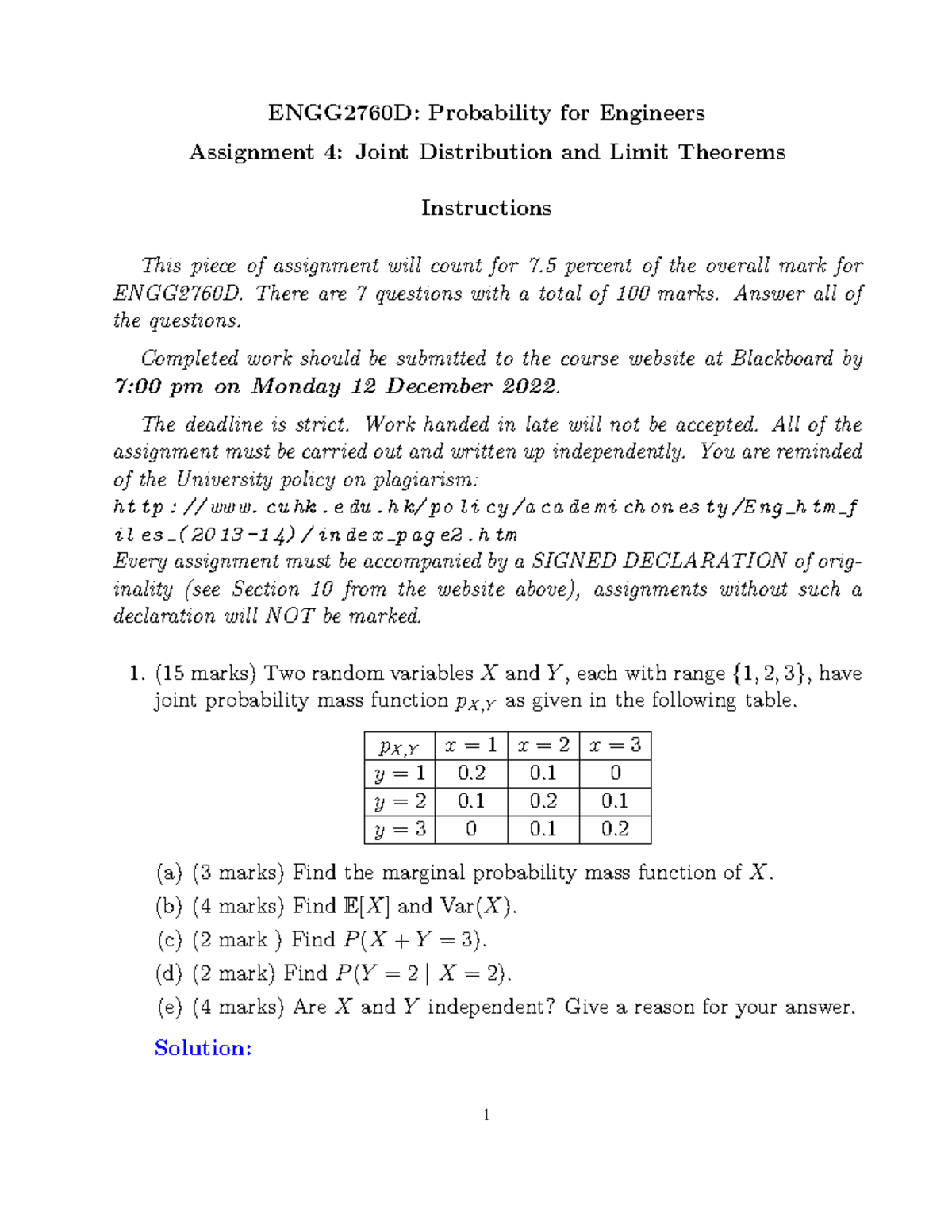 Sol A4 - Assignment 4 - ENGG2760D: Probability for Engineers Assignment ...