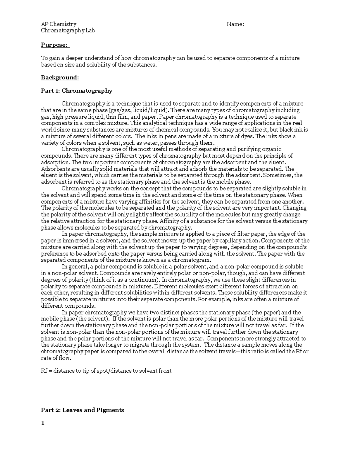 Chromatography Lab s hsdfsdfsd Chromatography Lab Purpose To gain