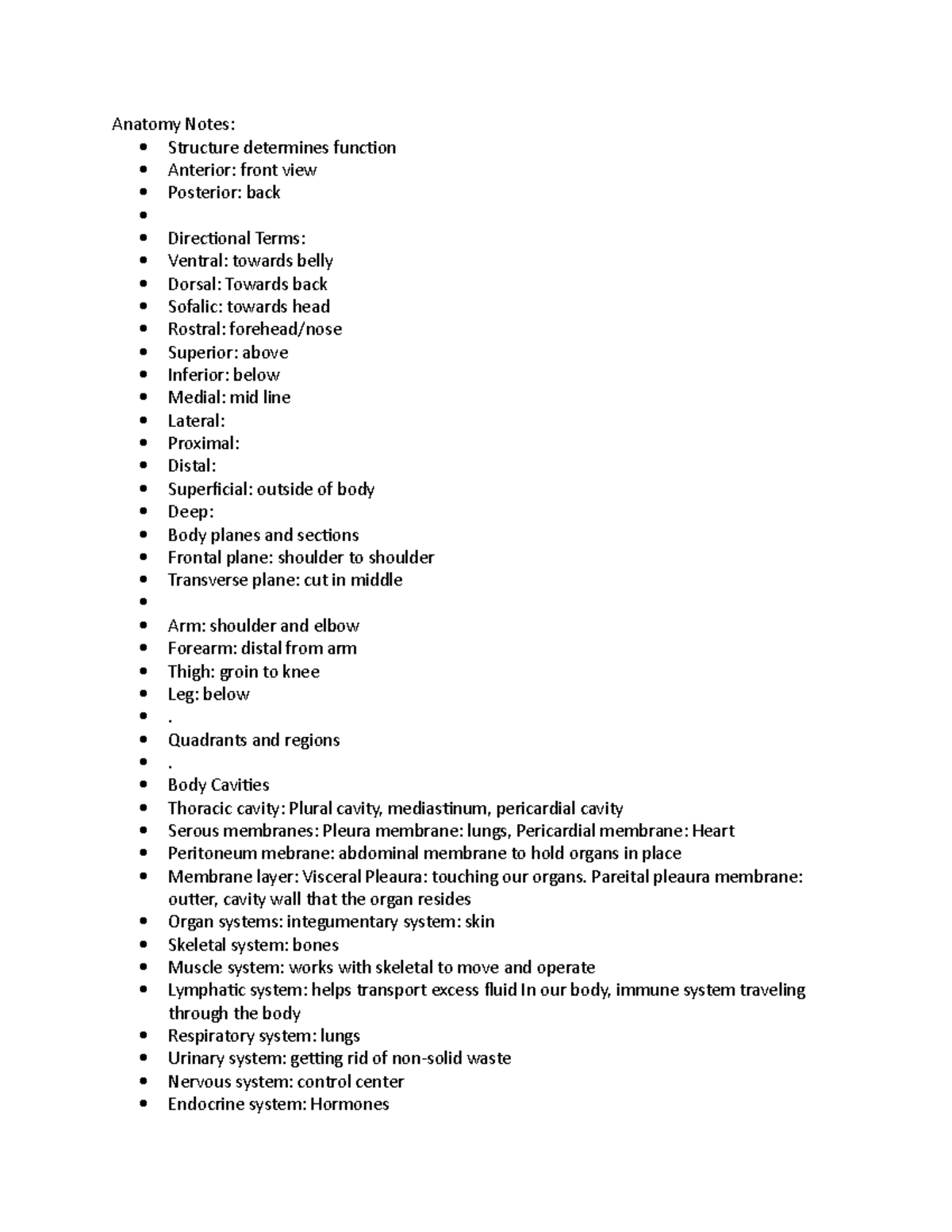 Anatomy Notes - Anatomy Notes: Structure determines function Anterior ...