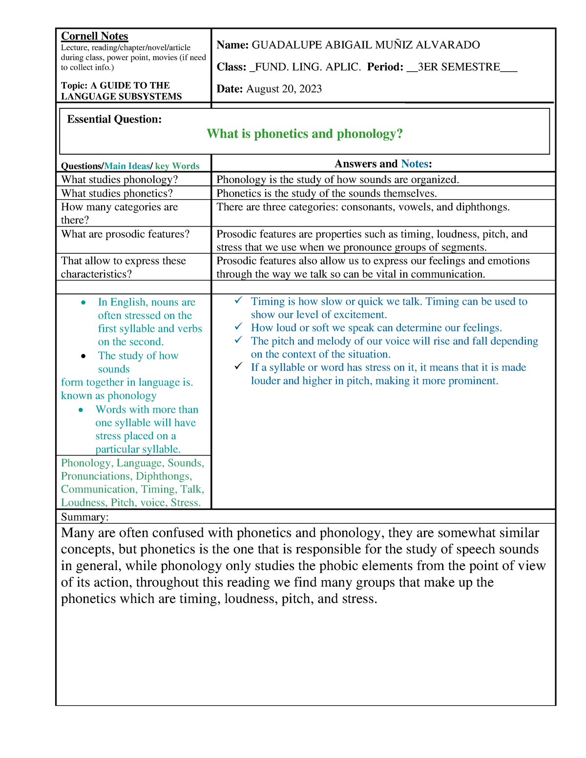 Cornell Notes - ####### Lecture, reading/chapter/novel/article ...