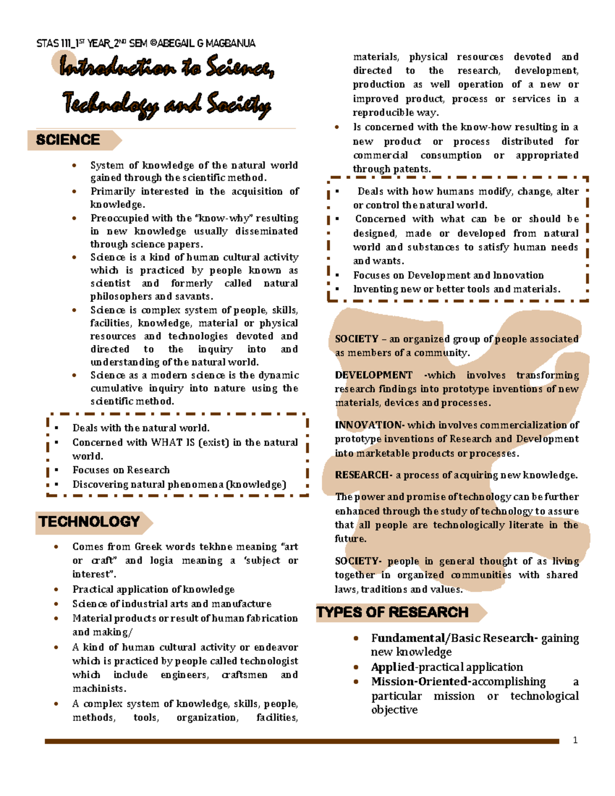 STAS 111 lecture notes - SCIENCE System of knowledge of the natural ...