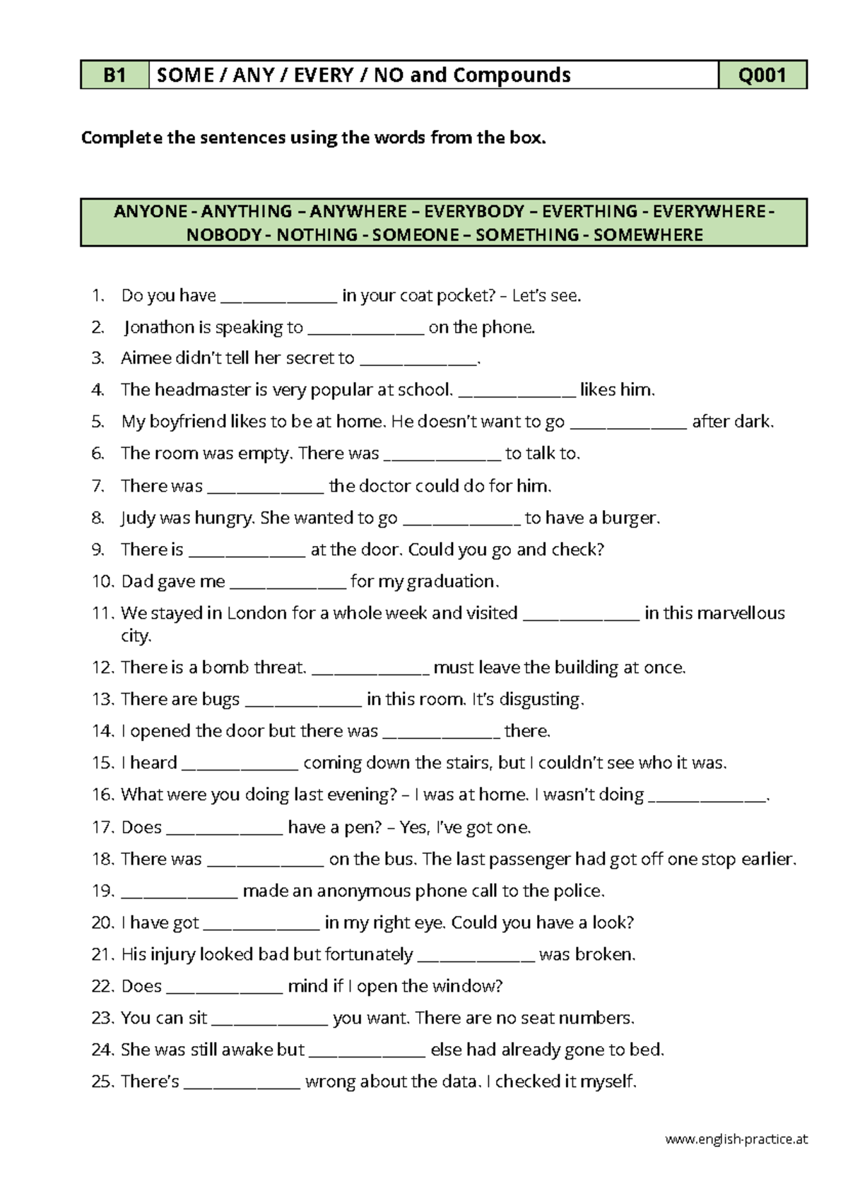 Quantifier worksheet some, any, every, no with compounds english