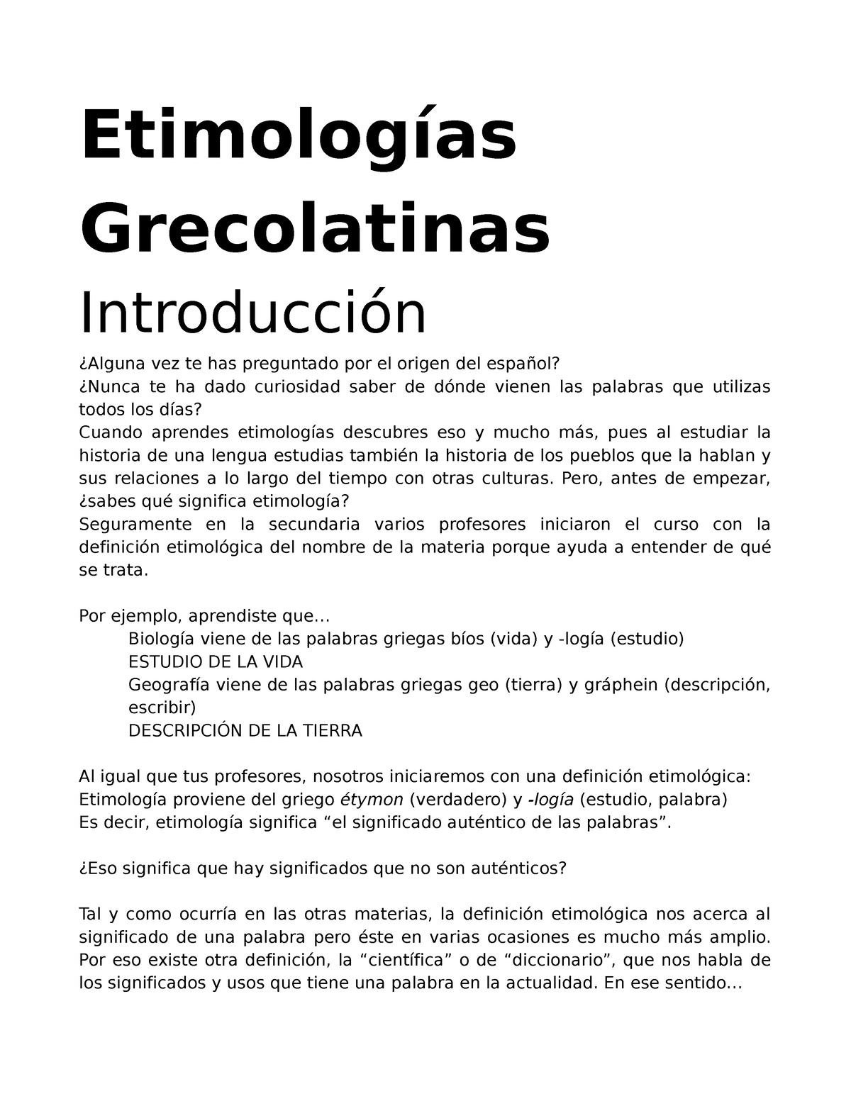 Introduccion etimologias Etimolog as Grecolatinas Introducci n