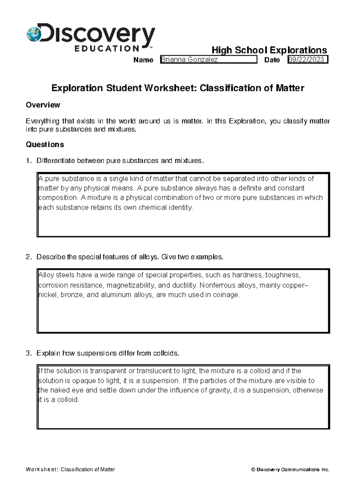 Classification of Matter Student Worksheet - High School Explorations ...