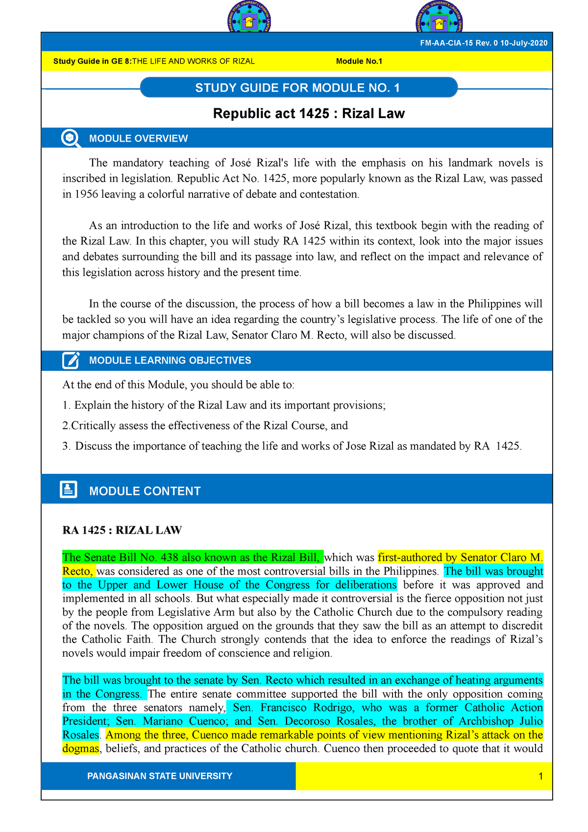 Module 1 Rizal Law - Isnkwbudbwosnud - Republic Act 1425 : Rizal Law ...