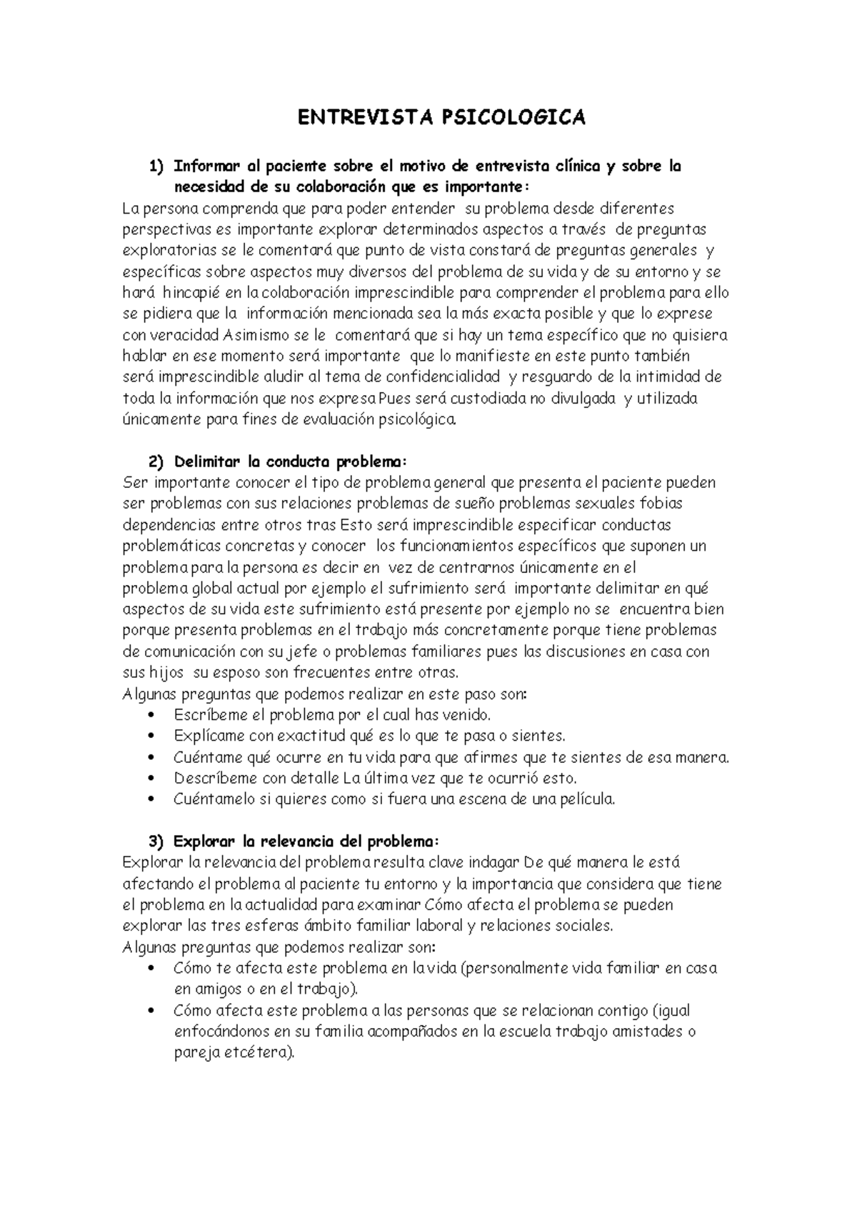 Entrevista Psicologica Paso a Paso - ENTREVISTA PSICOLOGICA Informar al ...