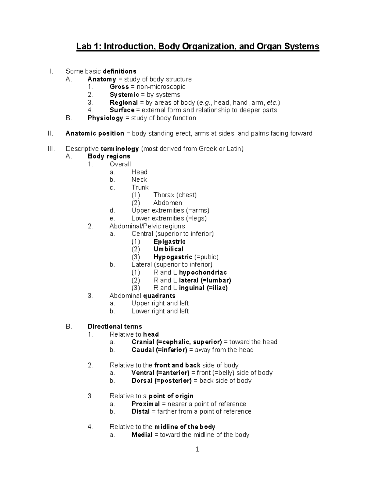 Introduction To Anatomy And Physiology - Lab 1: Introduction, Body ...