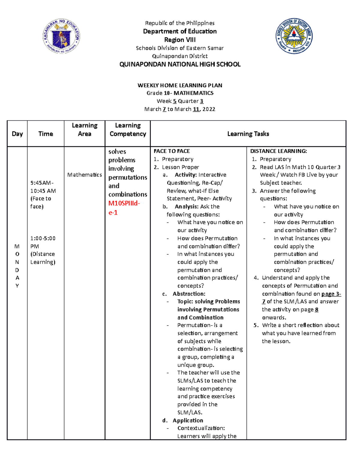 Weekly Home Learning Plan for Quarter 3 - Republic of the Philippines ...