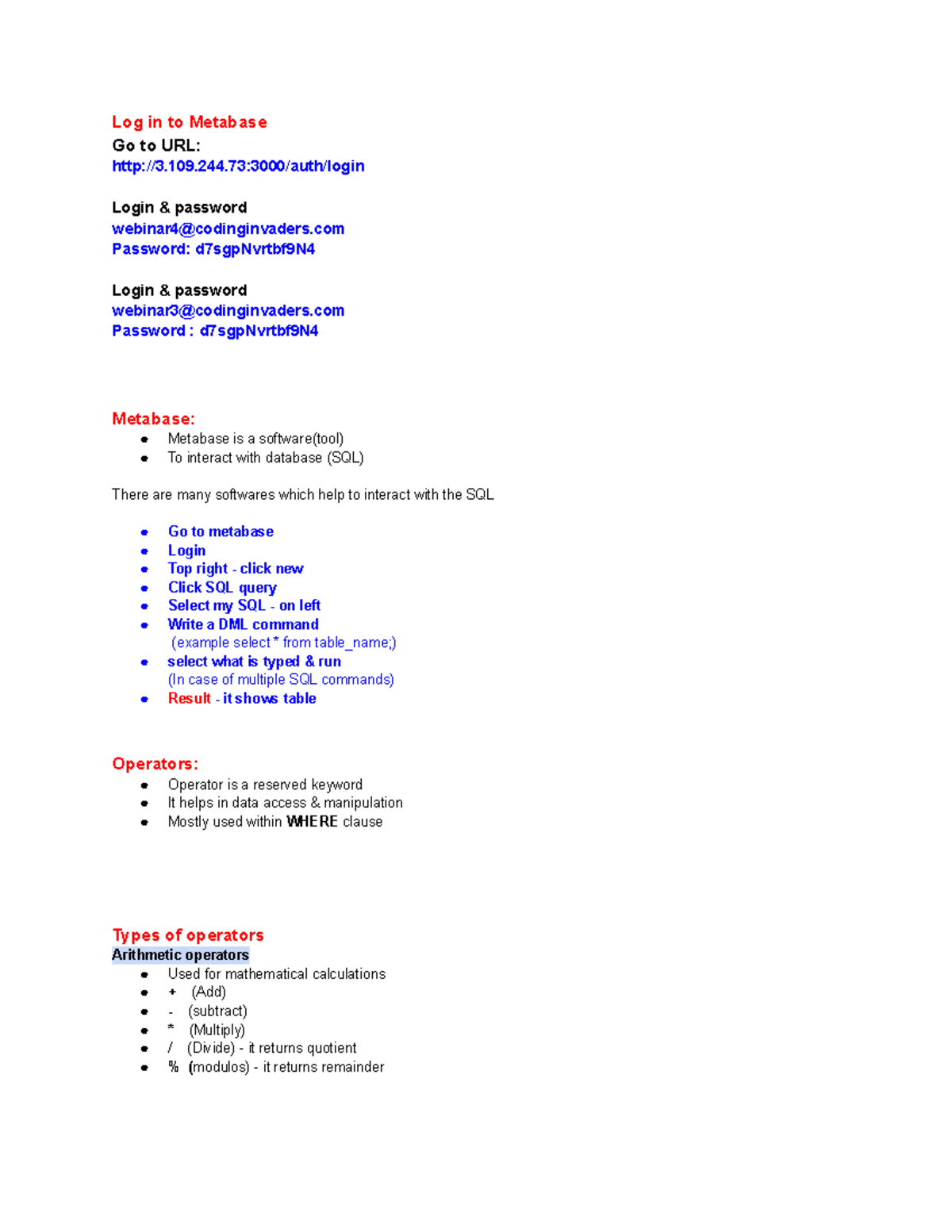 SQL 2 - Anything related - Log in to Metabase Go to URL: 3.109.244:3000 ...