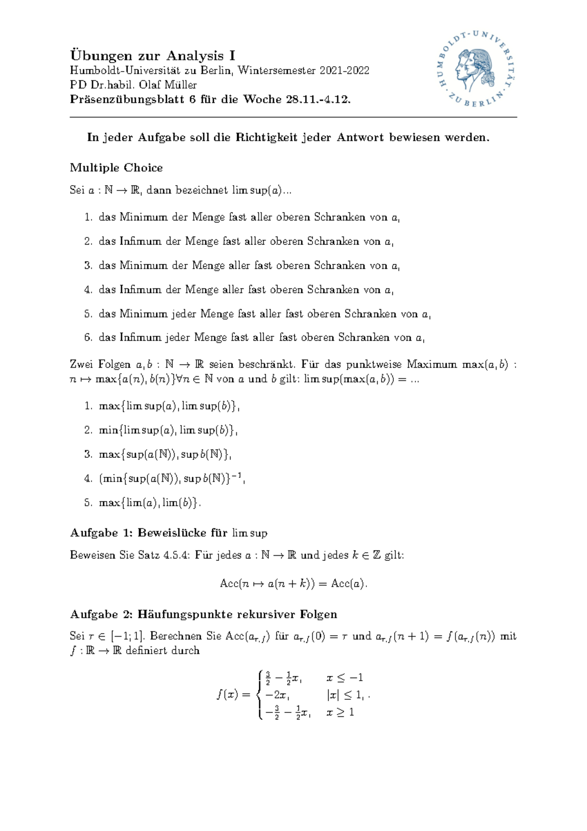 Ana 1 Präsenzblatt 6 Ubungen Zur Analysis I ̈ Humboldt Universit ̈at Zu Berlin Wintersemester