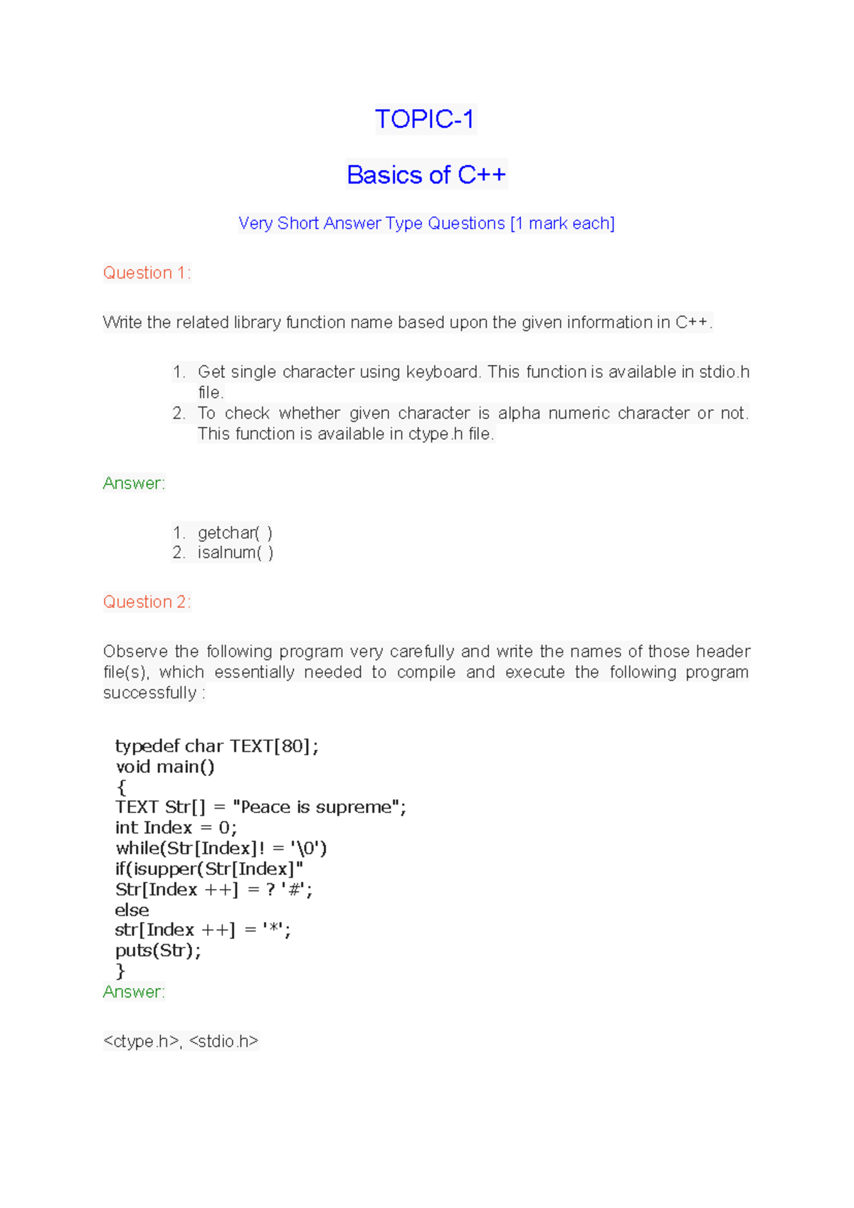 Chapter 1 Basics of C++ - TOPIC Basics of C++ Very Short Answer Type ...