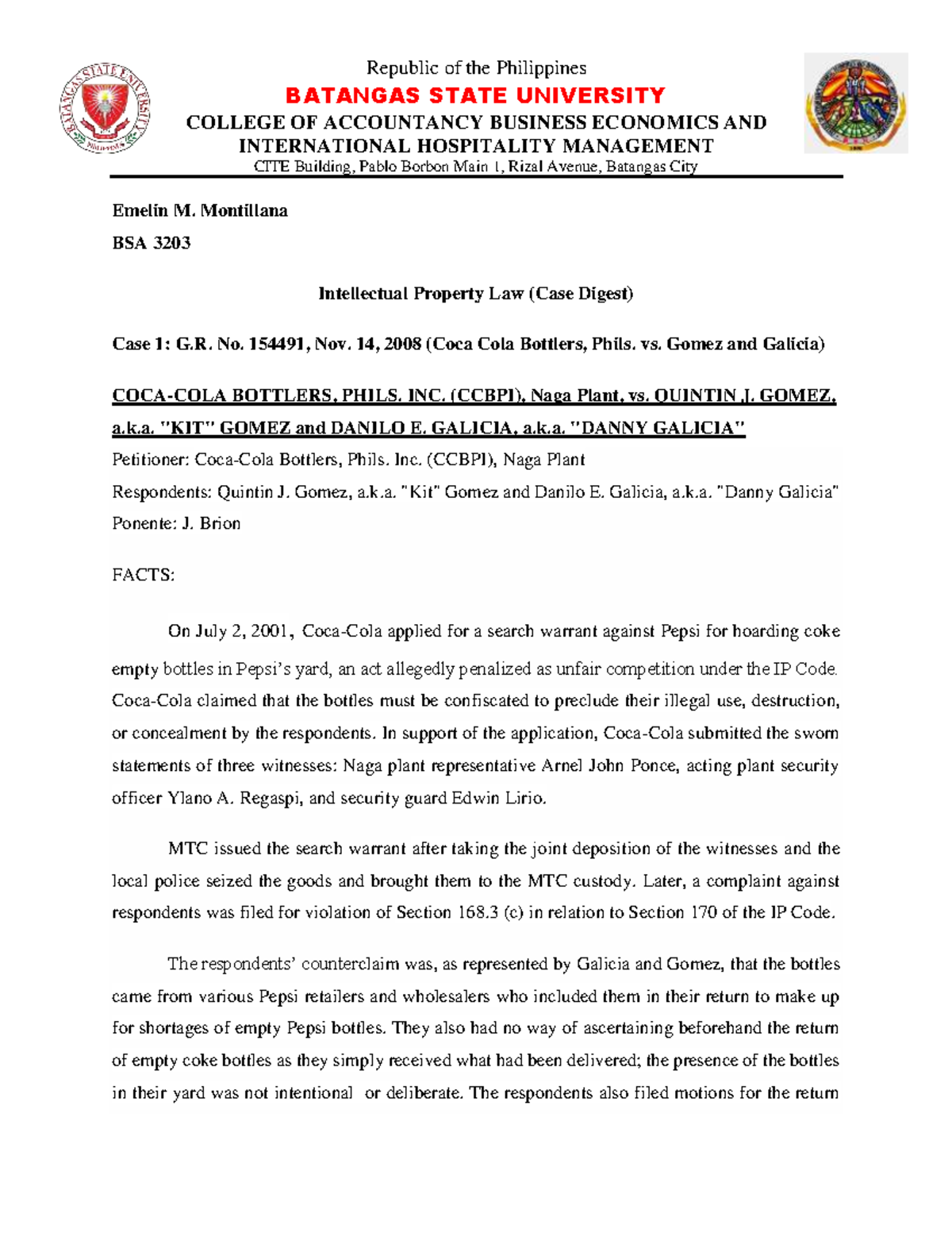 Montillana, Emelin M. Intellectual Property Law Case Study BATANGAS