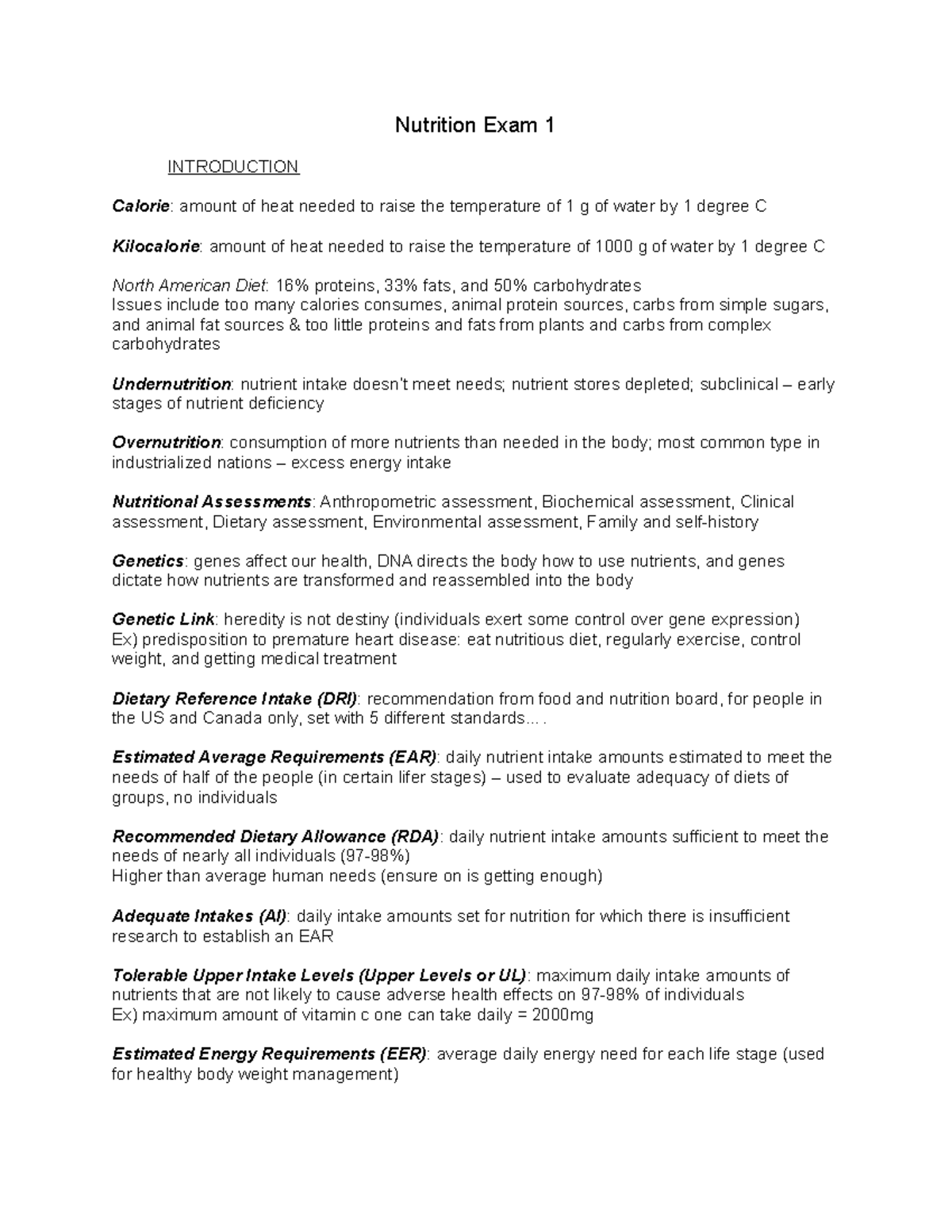Nutrition Exam 1 exam 1 review Nutrition Exam 1 INTRODUCTION