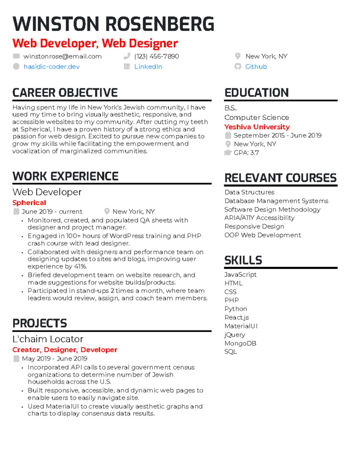 Junior web developer resume example - WINSTON ROSENBERG Web Developer ...