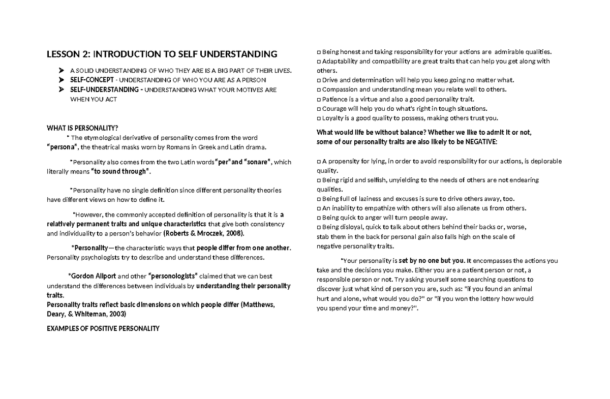 Lesson 1 - n/a - LESSON 2: INTRODUCTION TO SELF UNDERSTANDING A SOLID ...