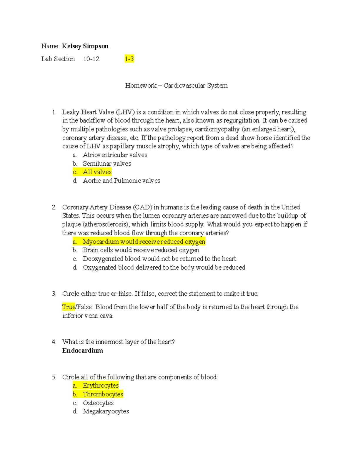 Cardiovascular System Homework - Kelsey Simpson - Name: Kelsey Simpson ...