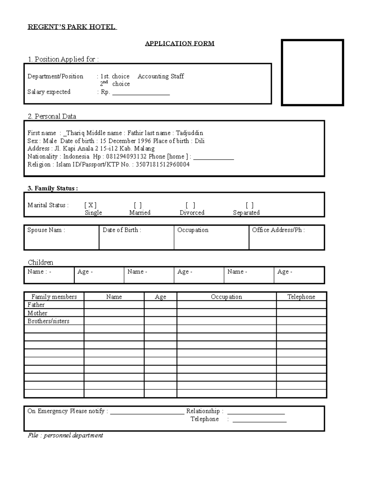 Formapplication ass REGENT’S PARK HOTEL APPLICATION FORM 1