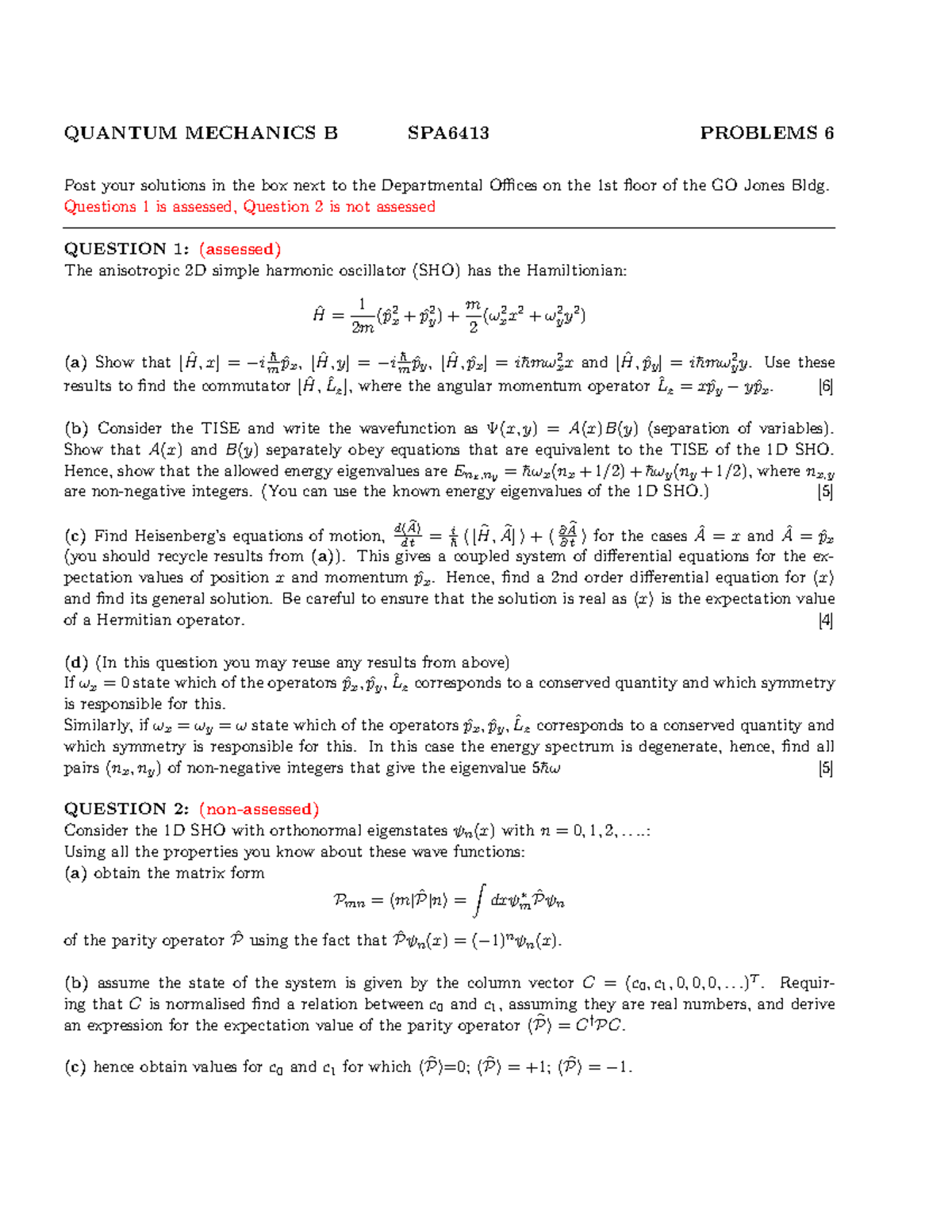 Spa6413 17 18 Assignment 6 Quantum Mechanics B Spa6413 Problems 6 Post Your Solutions In The Studocu