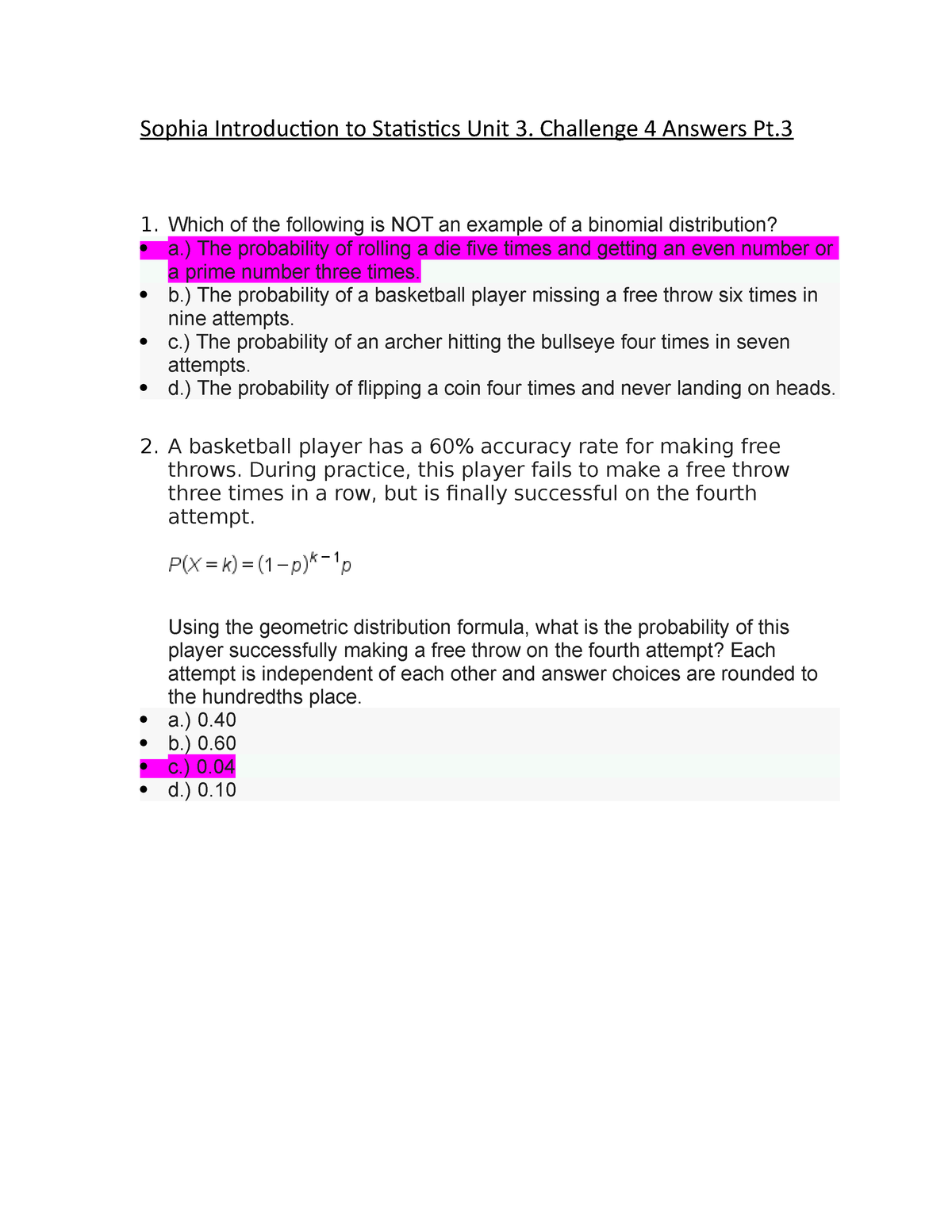 Sophia Introduction To Statistics Unit 3. Challenge 4 Answers Pt ...