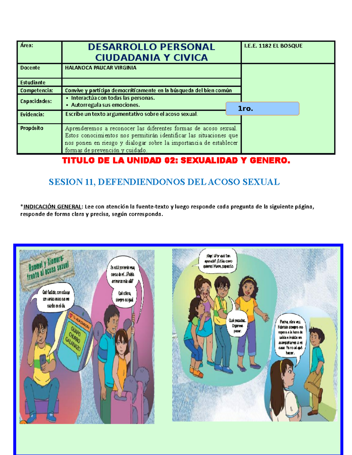 Sesion 11 Sexualidad Y Genero 1er AÑo Área Desarrollo Personal Ciudadania Y Civica Ie 1182 6323