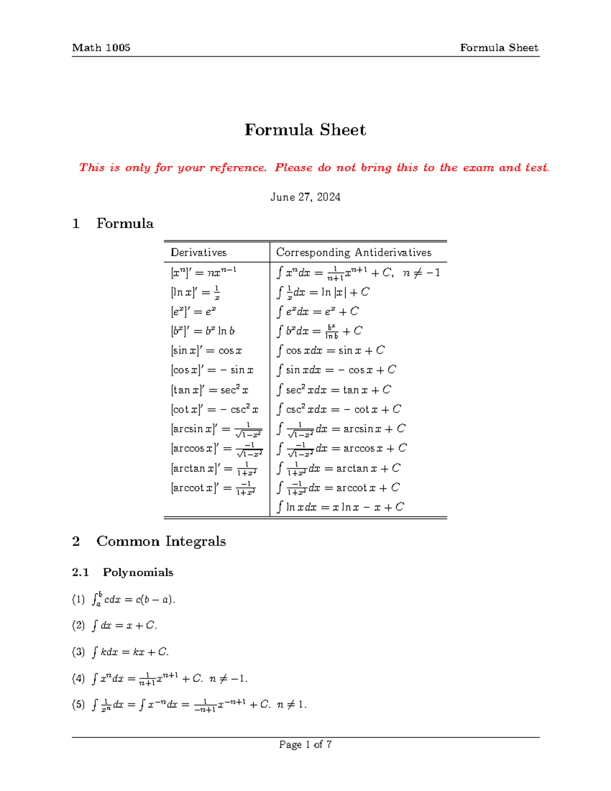Formula Sheet - Formula Sheet This is only for your reference. Please ...