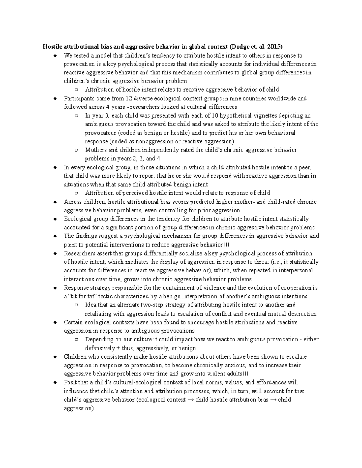 PSY311 Article Notes - Hostile attributional bias and aggressive ...