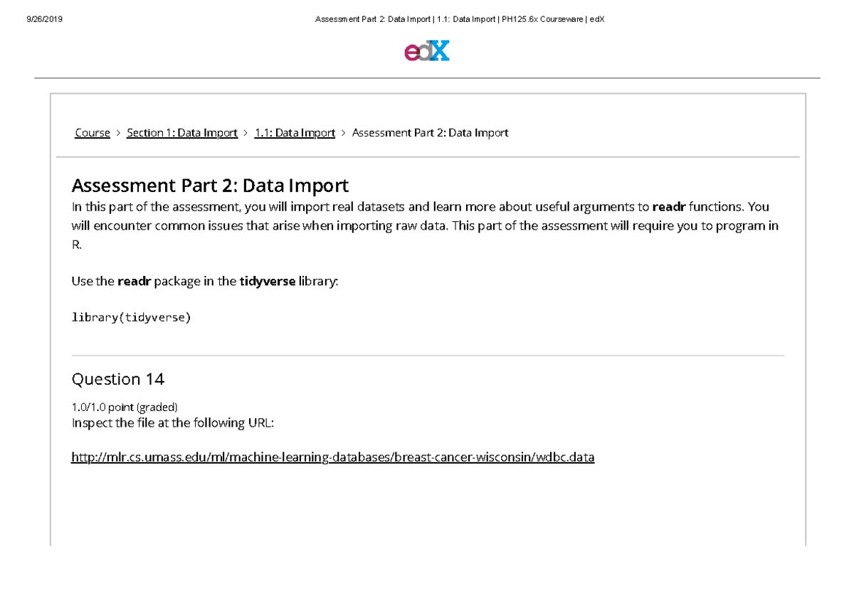 Assessment Part 2 Data Import 11 Data Import PH1 - Course Section 1 ...