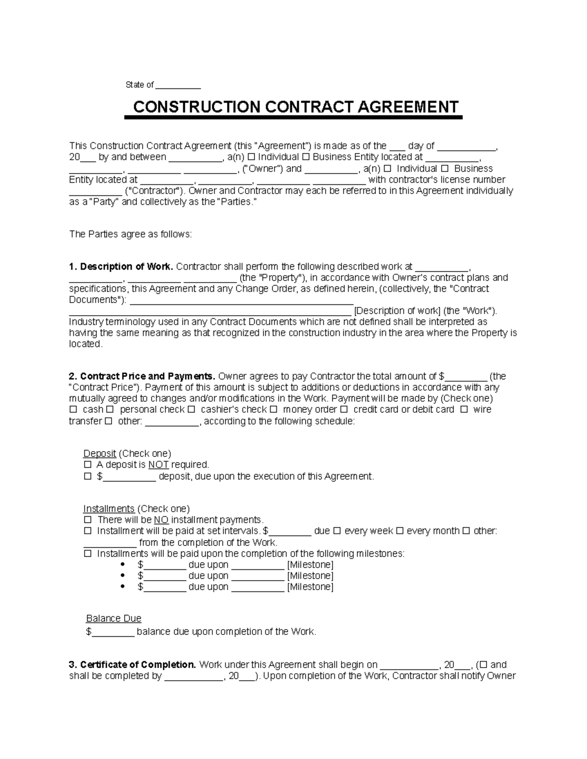 Document - State of __________ CONSTRUCTION CONTRACT AGREEMENT This ...