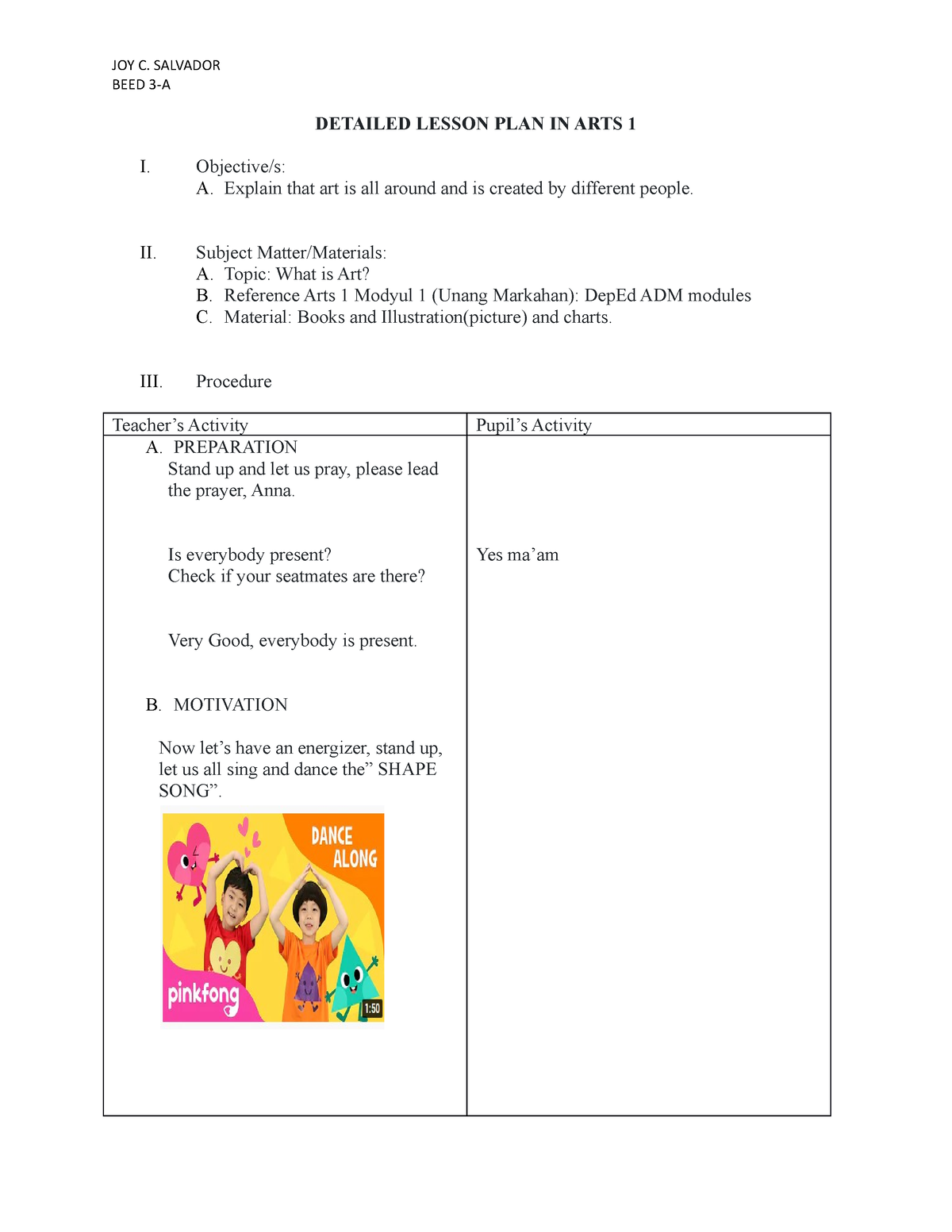 Detailed Lesson PLAN ARTS 1 ( Salvador 3-A) - BEED 3-A DETAILED LESSON ...