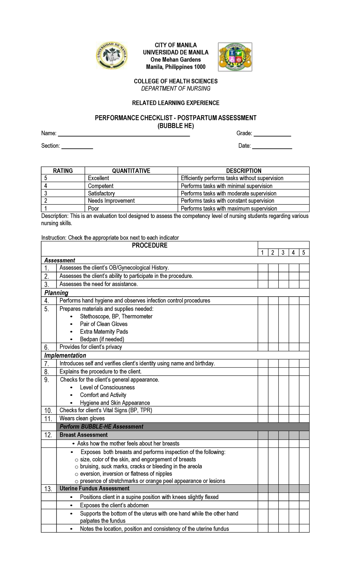 Performance Checklist Postpartum Assessment Bubblehe - CITY OF MANILA ...