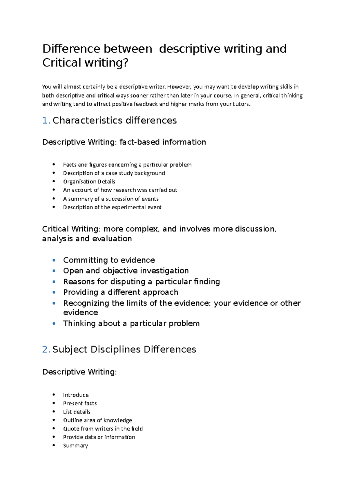 What Is The Difference Between Critical Writing And Descriptive Writing