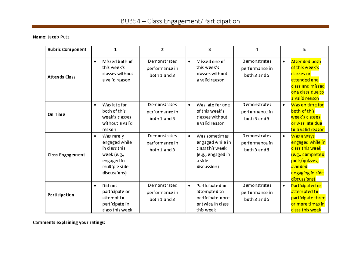 BU354 - Class Engagement-Participation Form - Week 7 - BU354 – Class ...