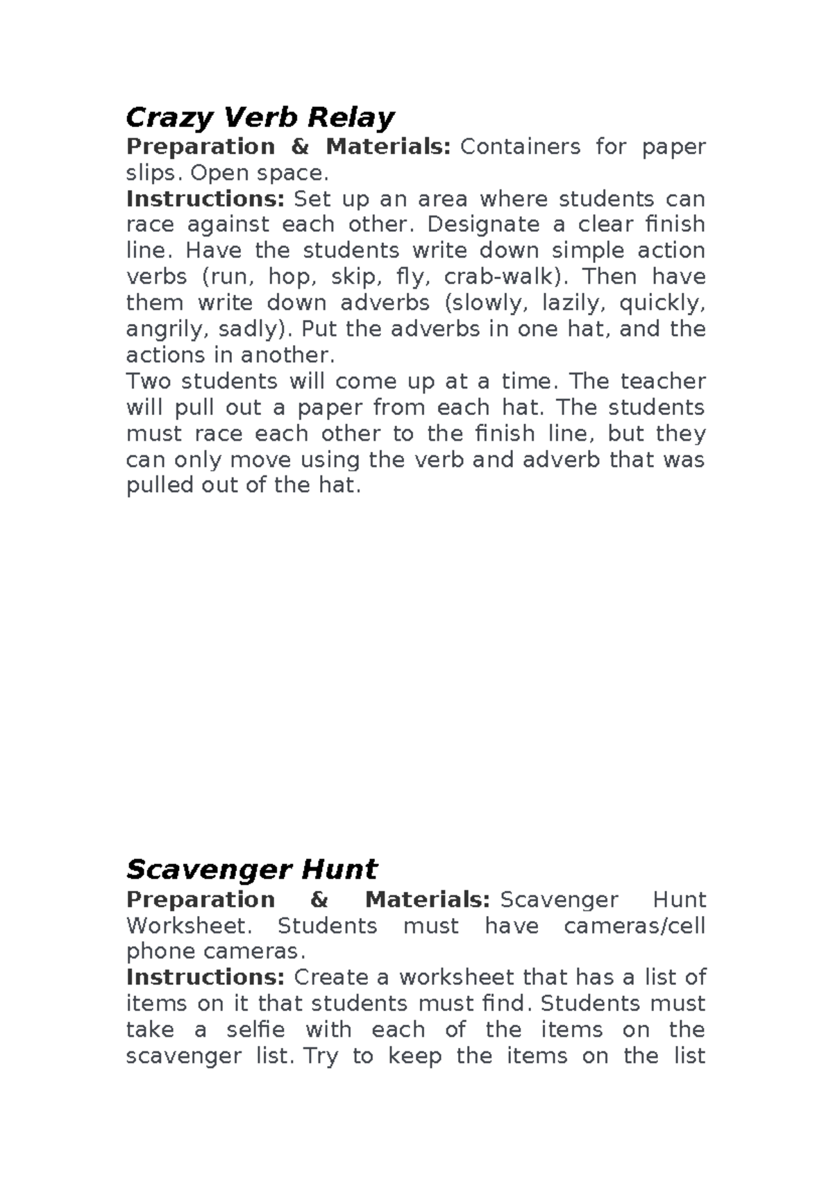 English CAMP Activities Crazy Verb Relay Preparation & Materials