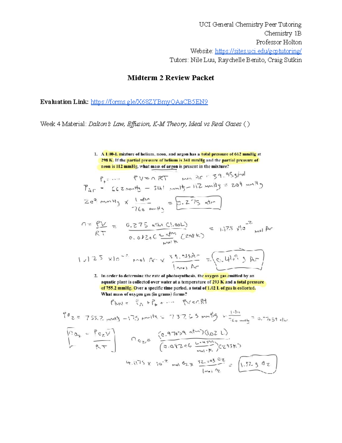 KEY S21 Holton Chem 1B Midterm 2 Review Packet - Chemistry 1B Professor ...