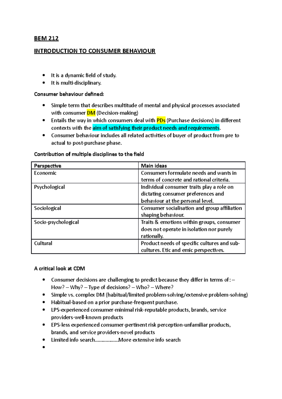 BEM 212 Chapter one - Summary - BEM 212 INTRODUCTION TO CONSUMER ...